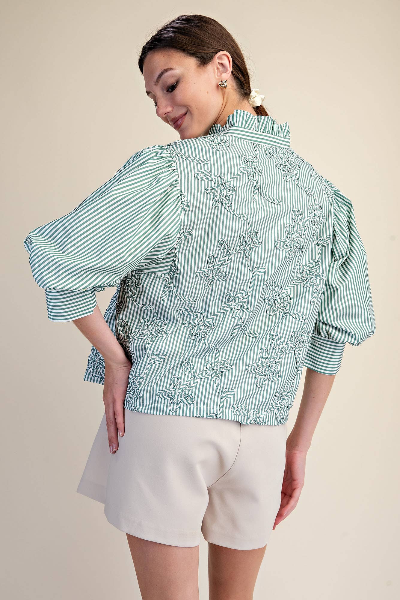 Puff Sleeve Blouse With Ruffle Neck Detail