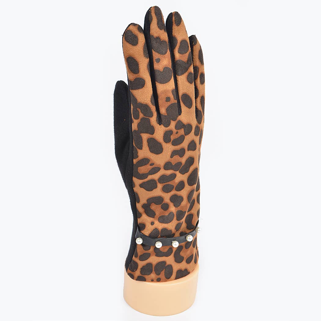 Faux Leopard Suede Gloves W Imitation Pearl