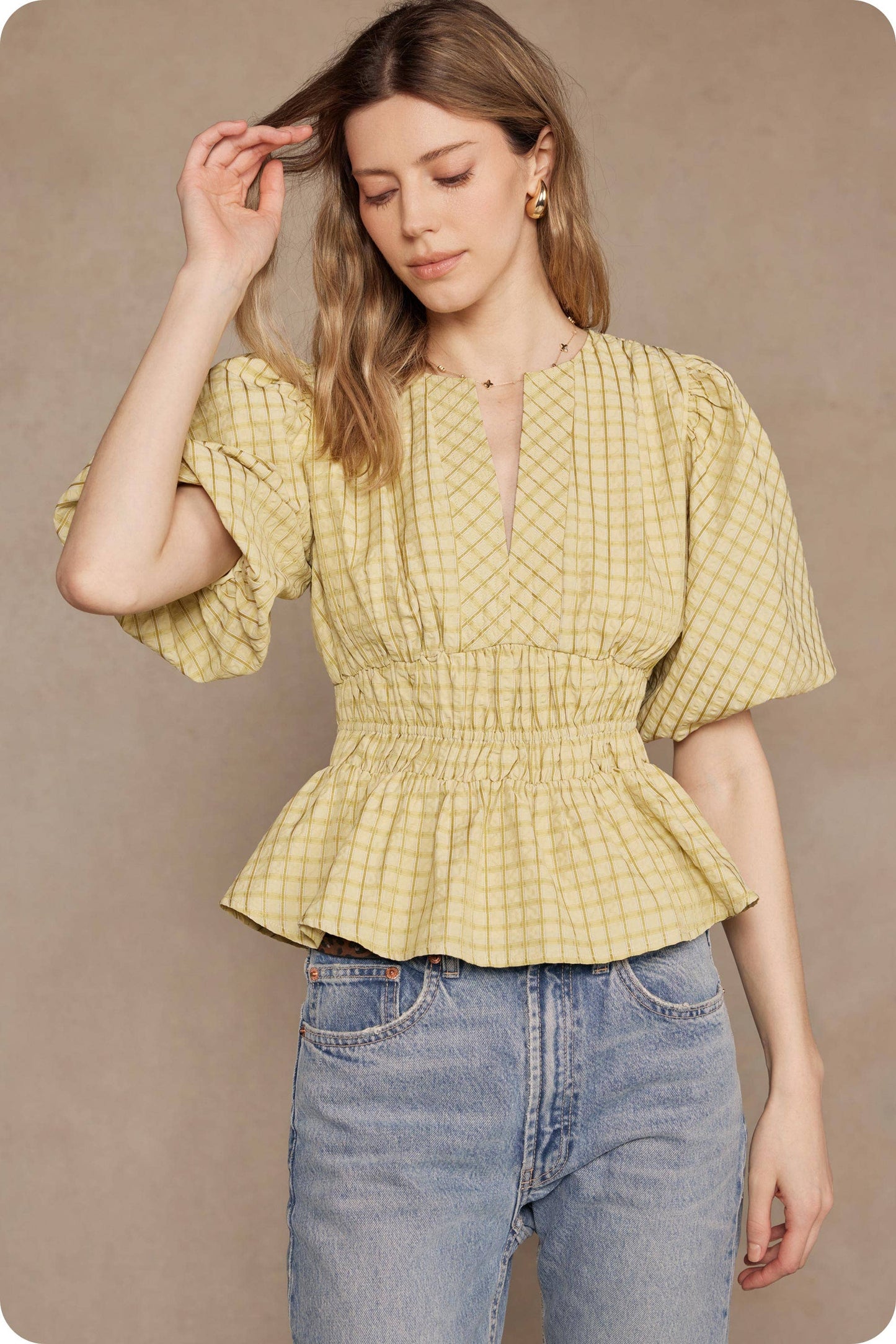 Checkered Puff Sleeve Blouse