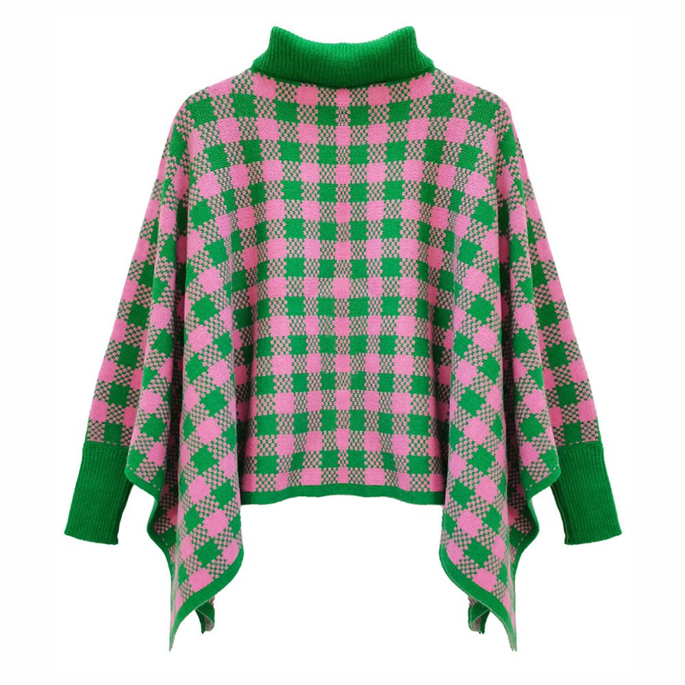 Checkered Pattern Knit Turtleneck Poncho
