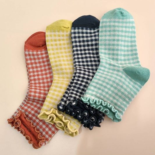 Ruffle Trim Plaid Cotton Ankle Socks