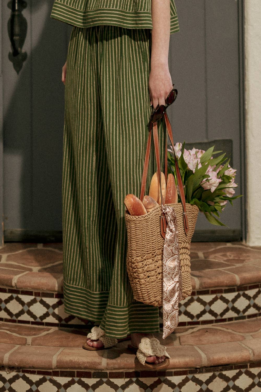 Green STRIPED PRINT STRAIGHT WIDE LEG Set