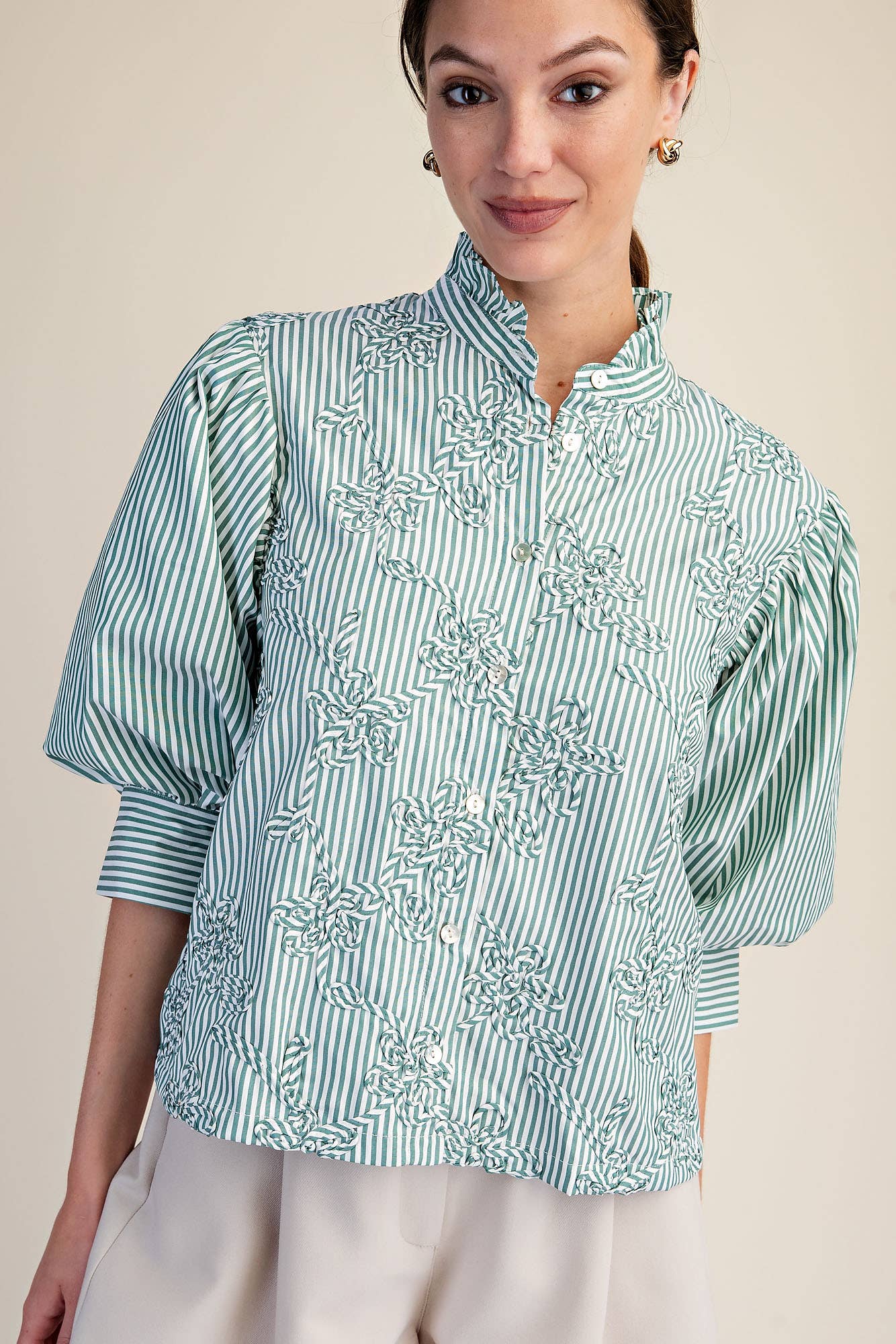 Puff Sleeve Blouse With Ruffle Neck Detail