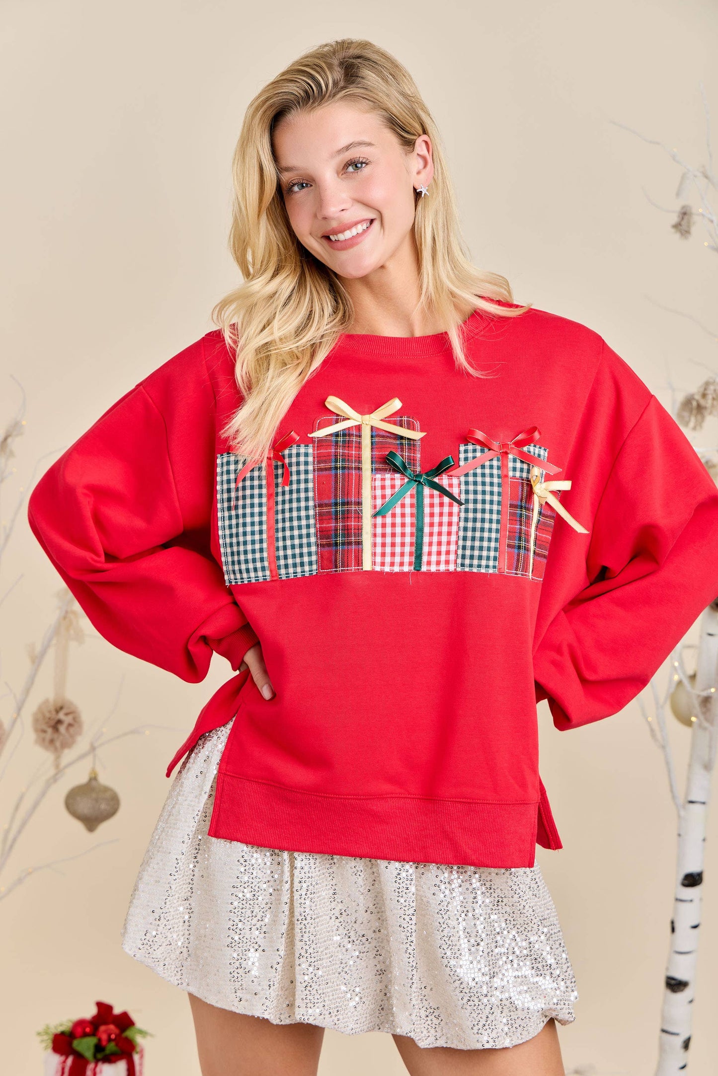 Christmas Sweatshirt Featuring Patchwork Gift box