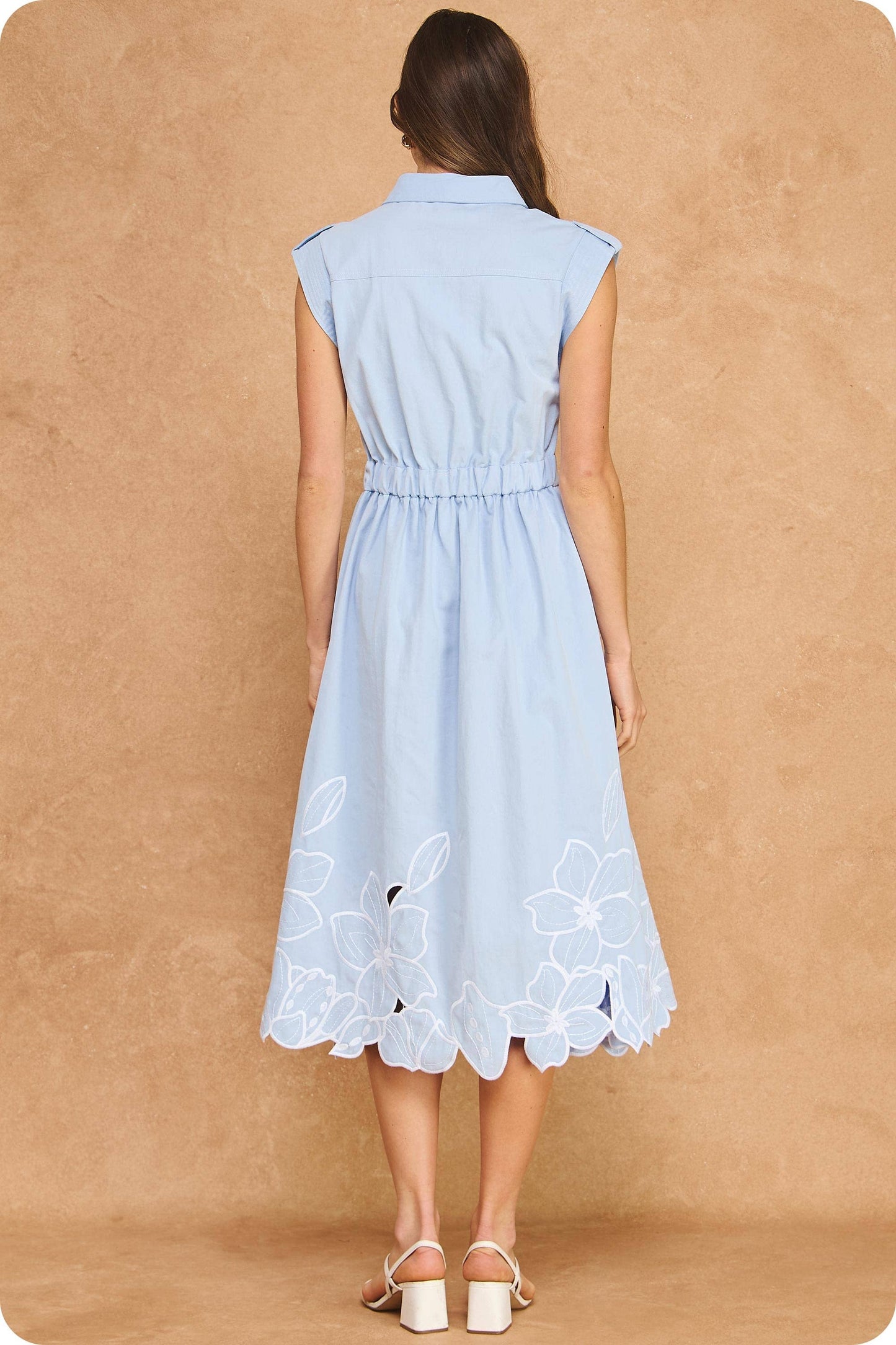 Floral Cut-Out Embroidery Twill Midi dress