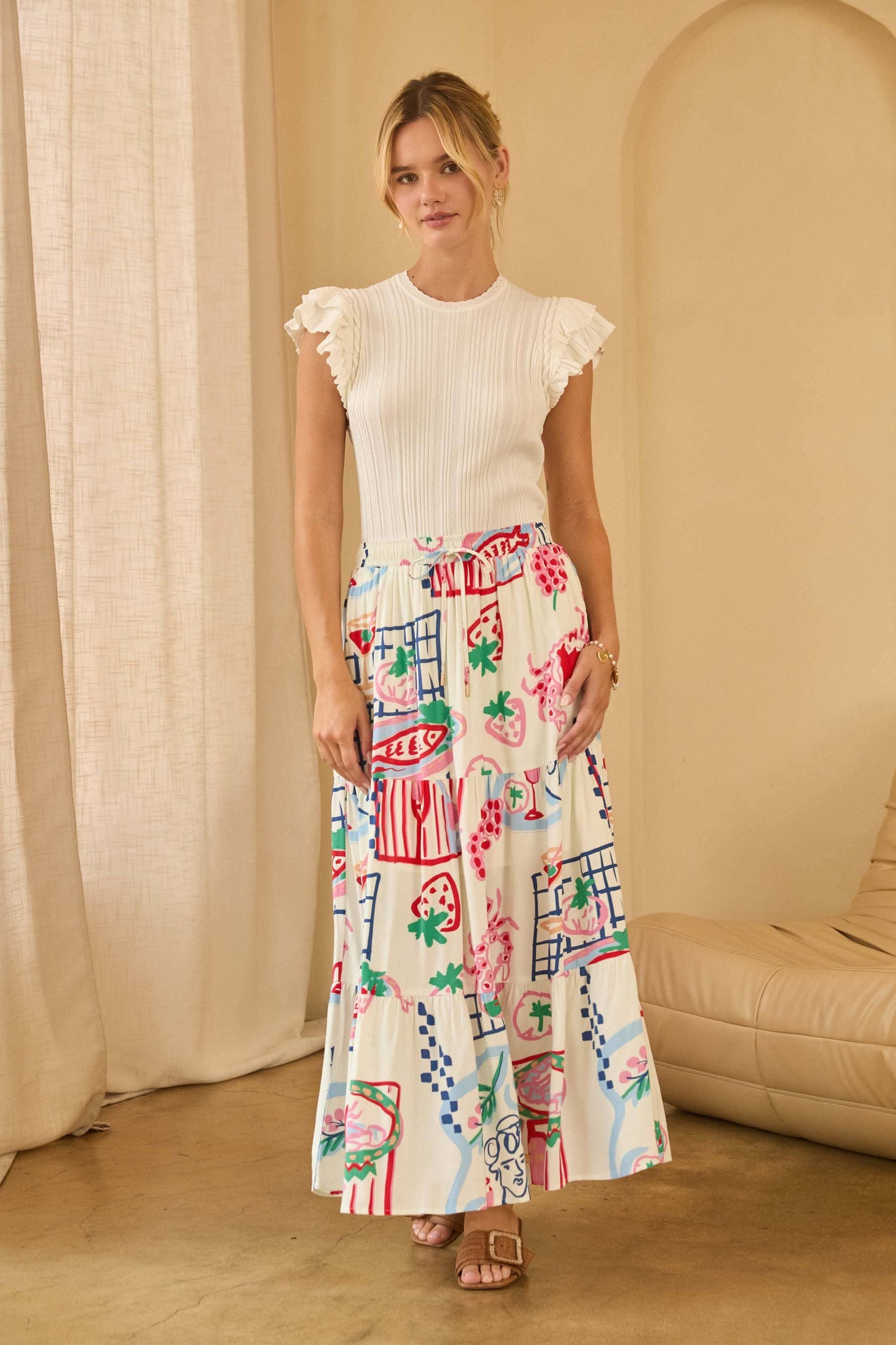 Printed Tiered Midi Skirt