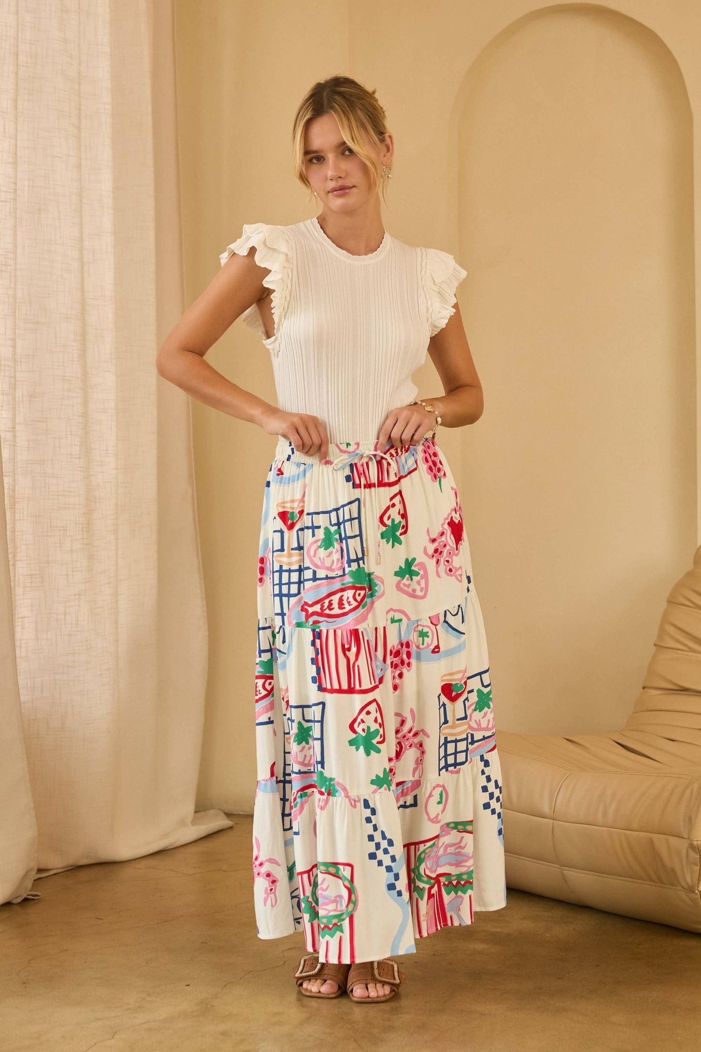 Printed Tiered Midi Skirt
