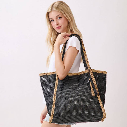 Tassel Accent Two Tone Woven Straw Tote Bag