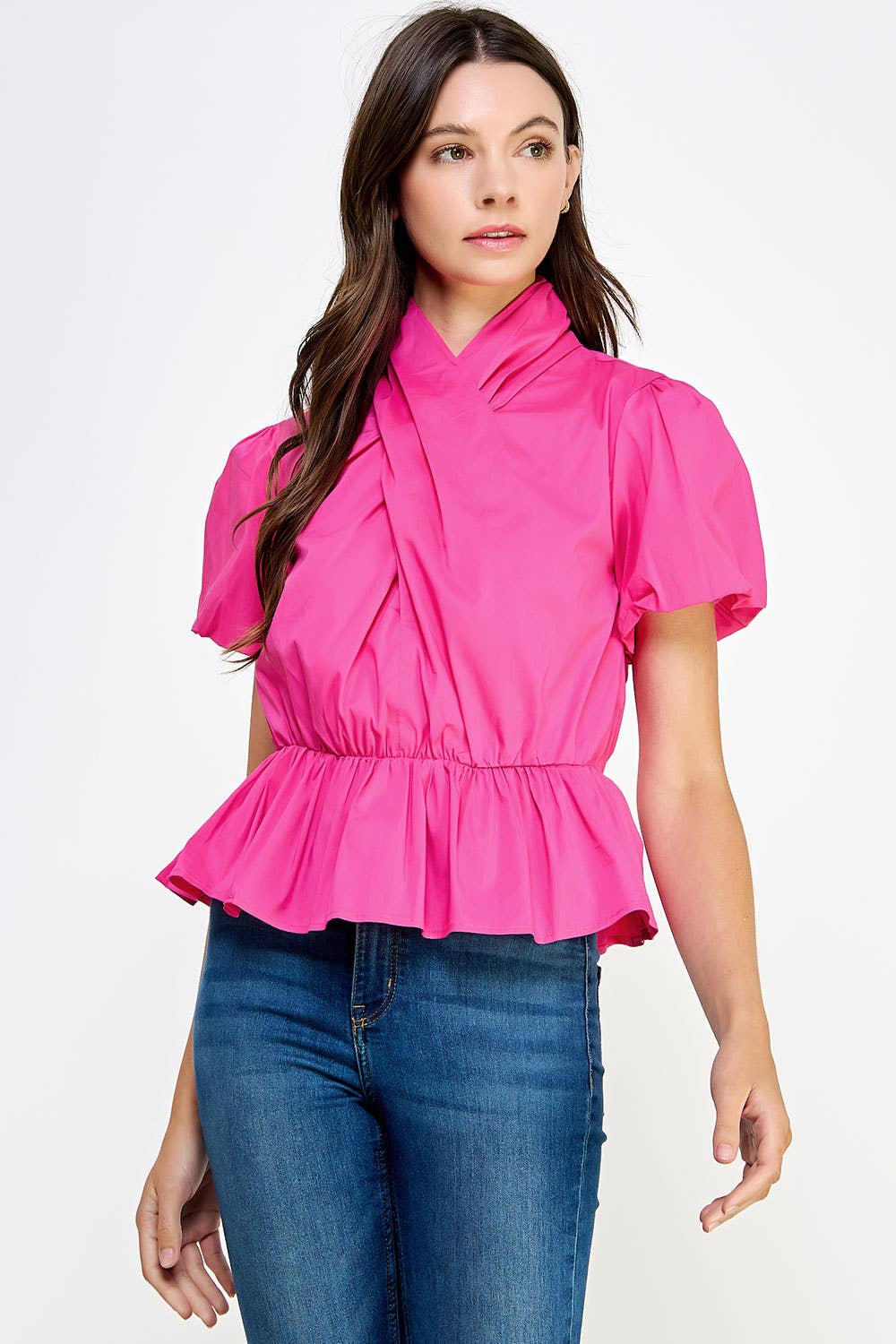 Cross Neck Poplin Puff Sleeve Blouse