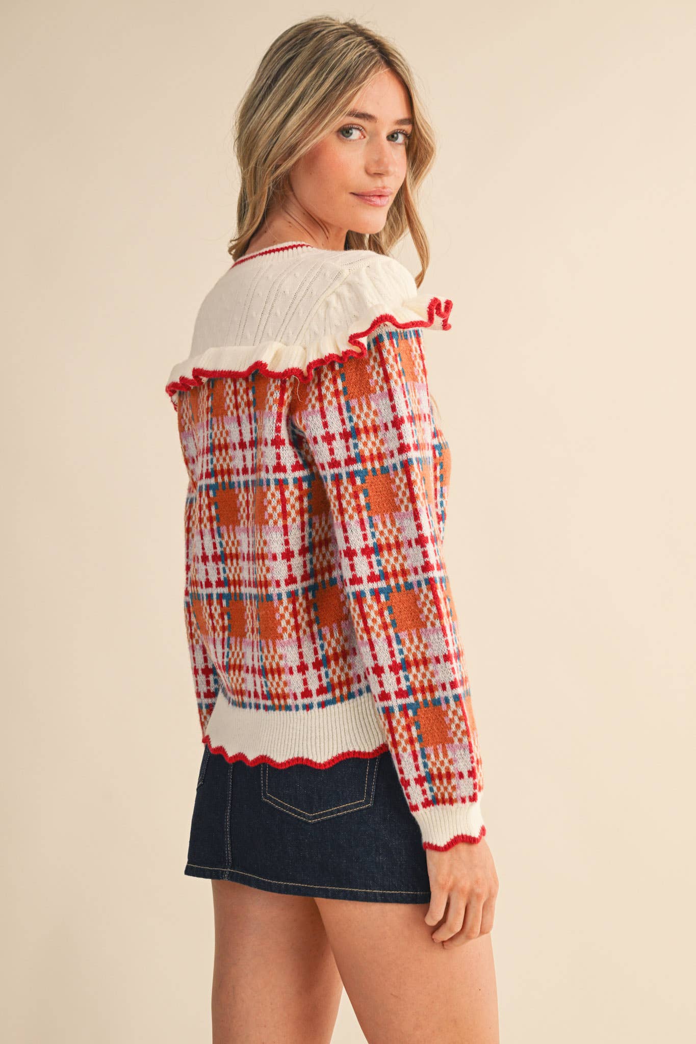 RUFFLED YOKE PLAID SWEATER CARDIGAN- Preorder