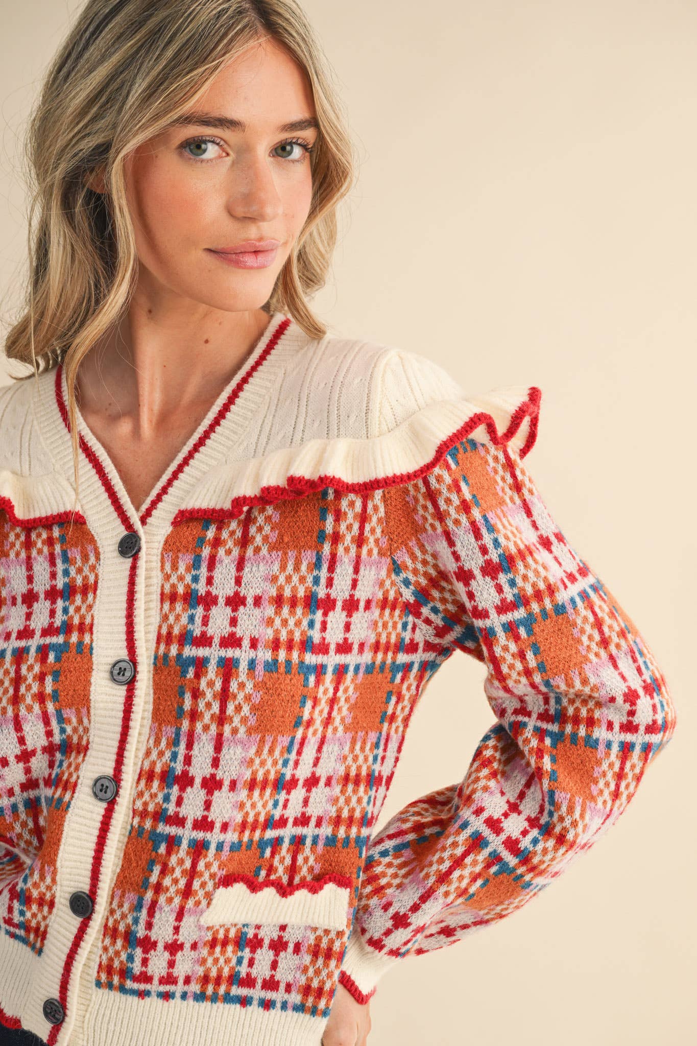 RUFFLED YOKE PLAID SWEATER CARDIGAN- Preorder