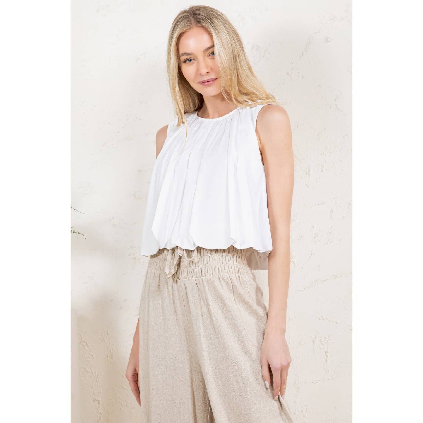 Pleated Sleeveless Bubble Hem Top