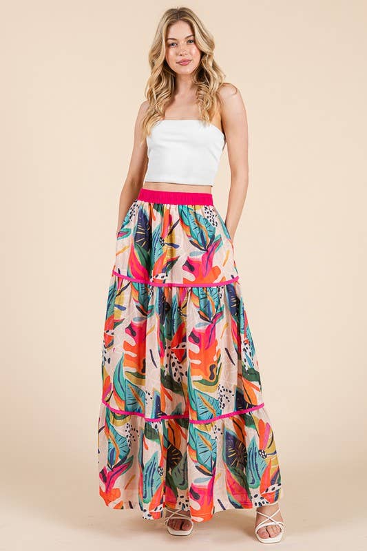 Abstract Print Tiered Maxi Skirt with Contrast Trim