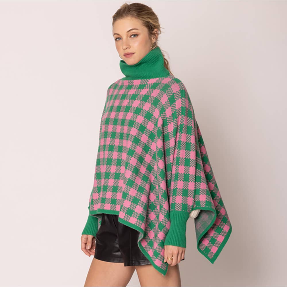 Checkered Pattern Knit Turtleneck Poncho