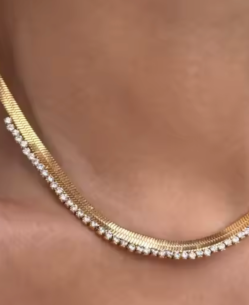 Cecile-Herringbone CZ- Steel Necklace- 14K