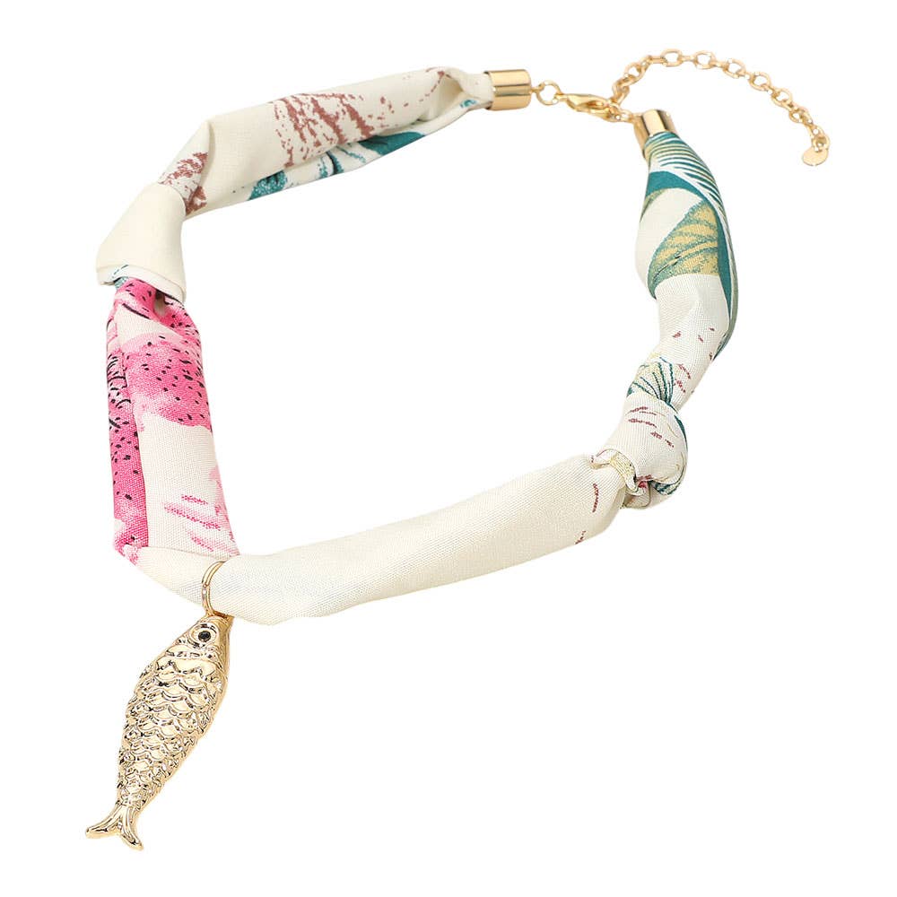 Fish Pendant Accent Fabric Scarf Necklace