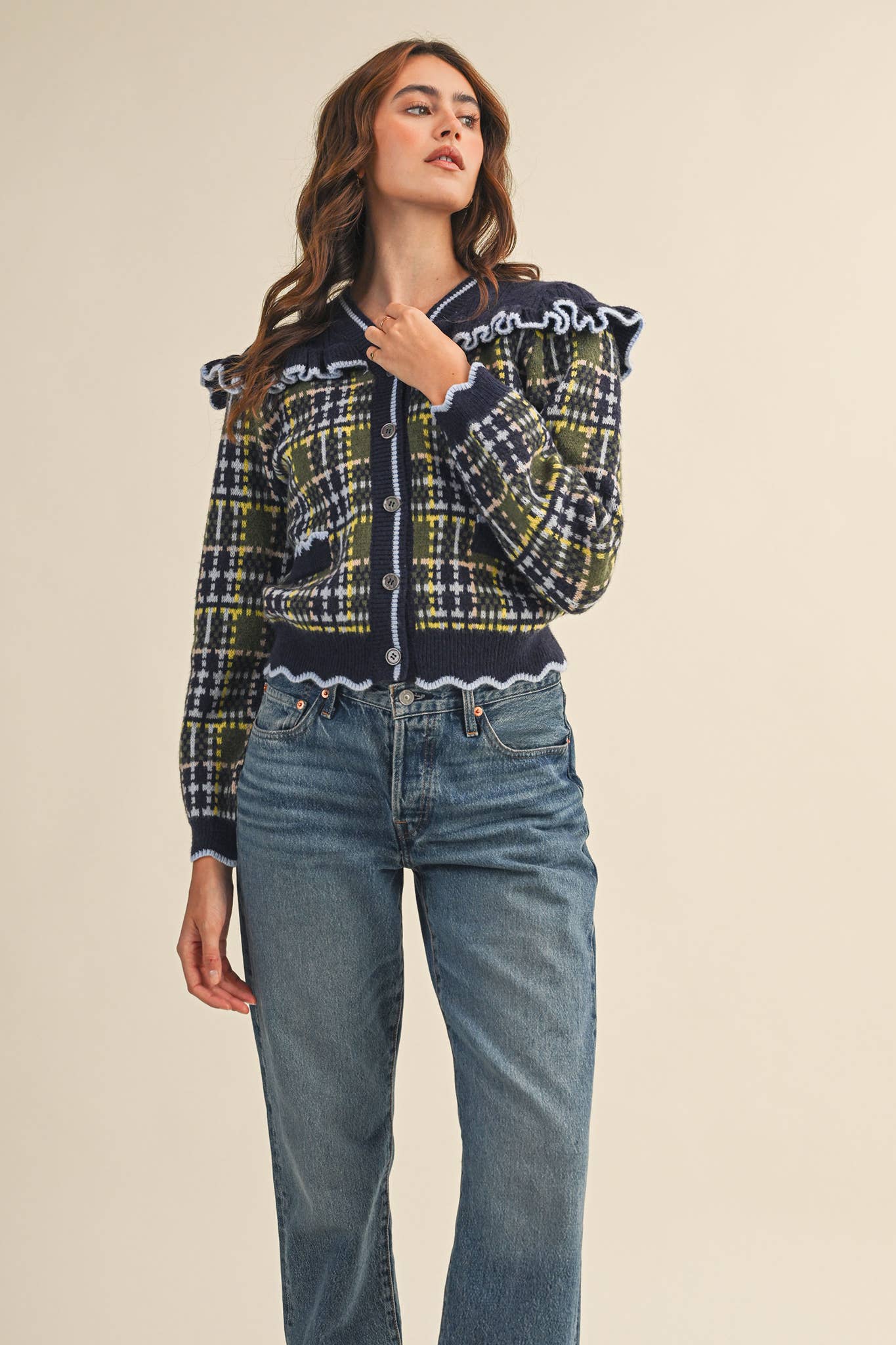 RUFFLED YOKE PLAID SWEATER CARDIGAN- Preorder