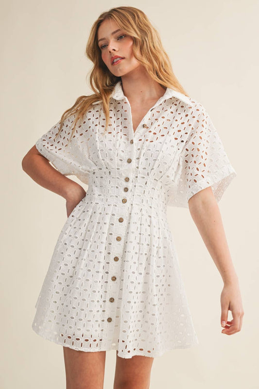 EYELET BUTTON FRONT SHIRT DRESS