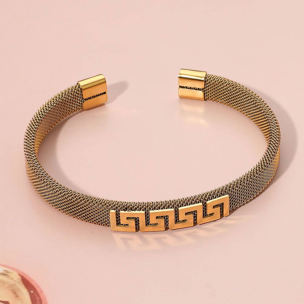 Stainless Steel Greek Key Pattern Accent Mesh Cuff Bracelet