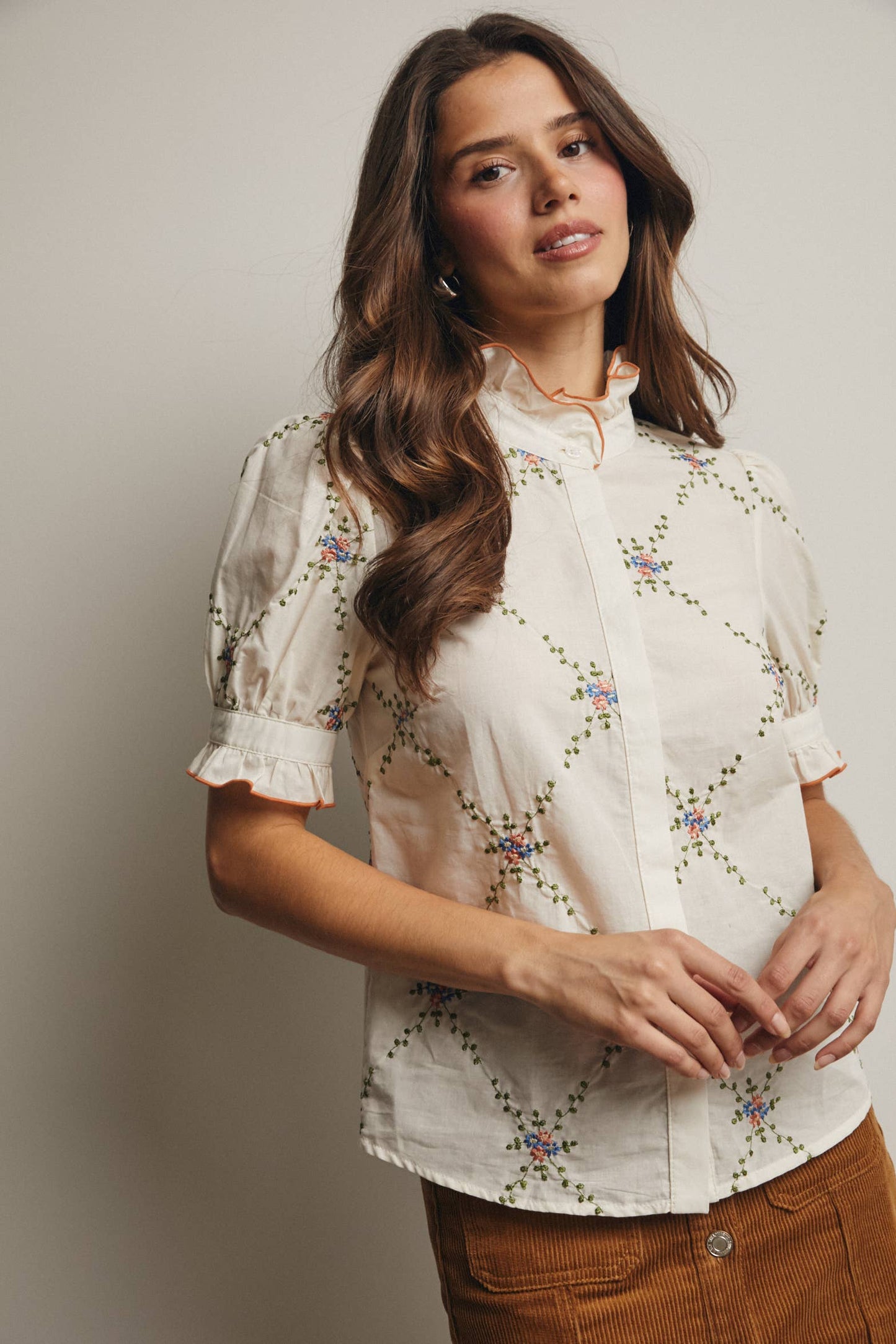 Embroidered Ruffle Collar Cotton Blouse- preorder
