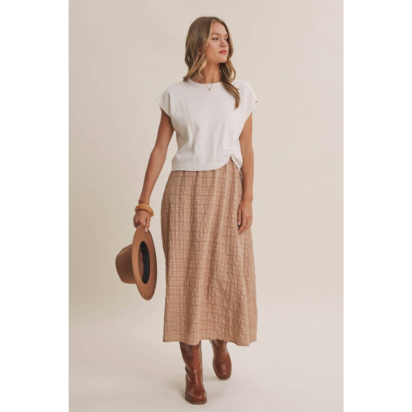 GINGHAM SWEATER MIDI DRESS