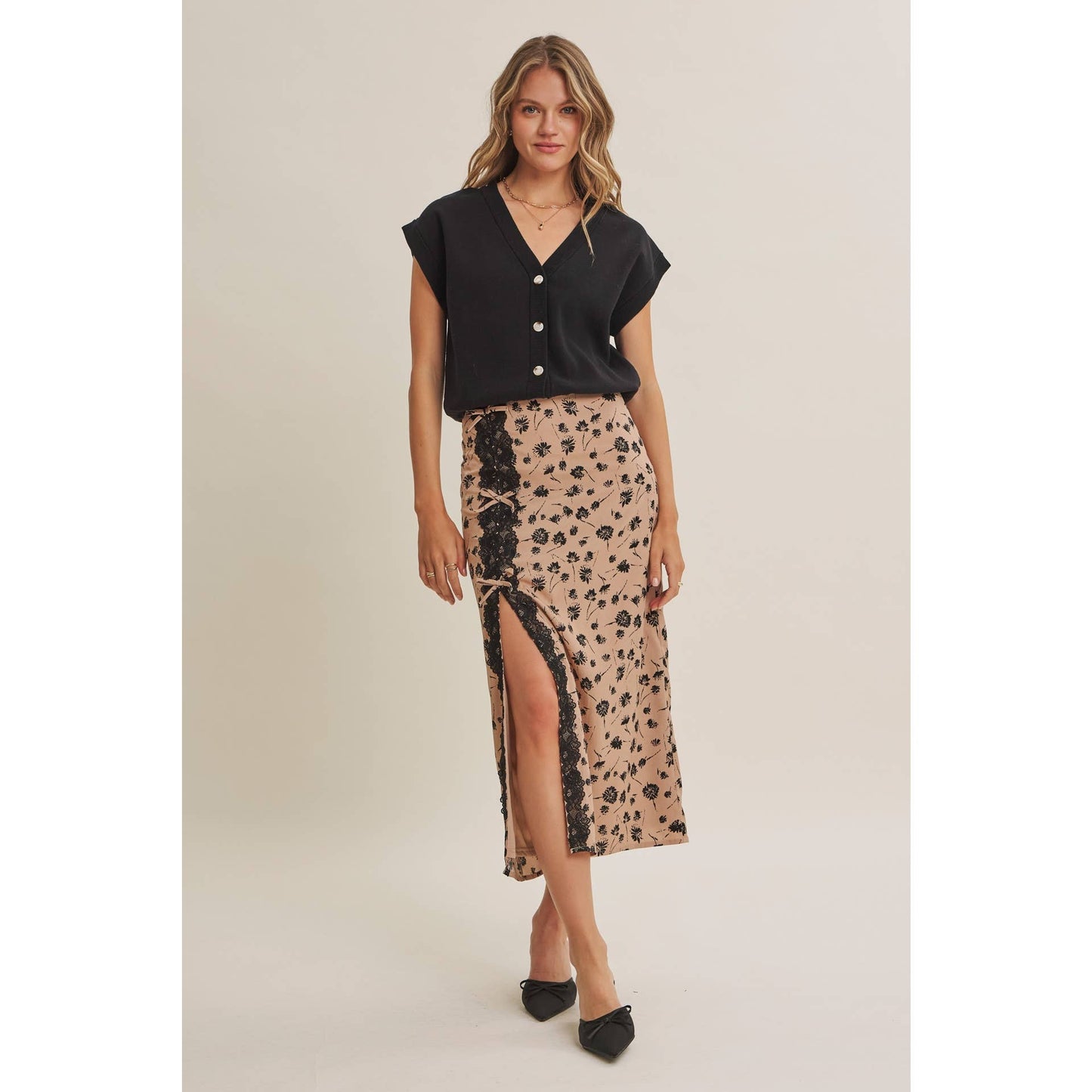 PARIS FLORAL LACE MIDI SLIP SKIRT