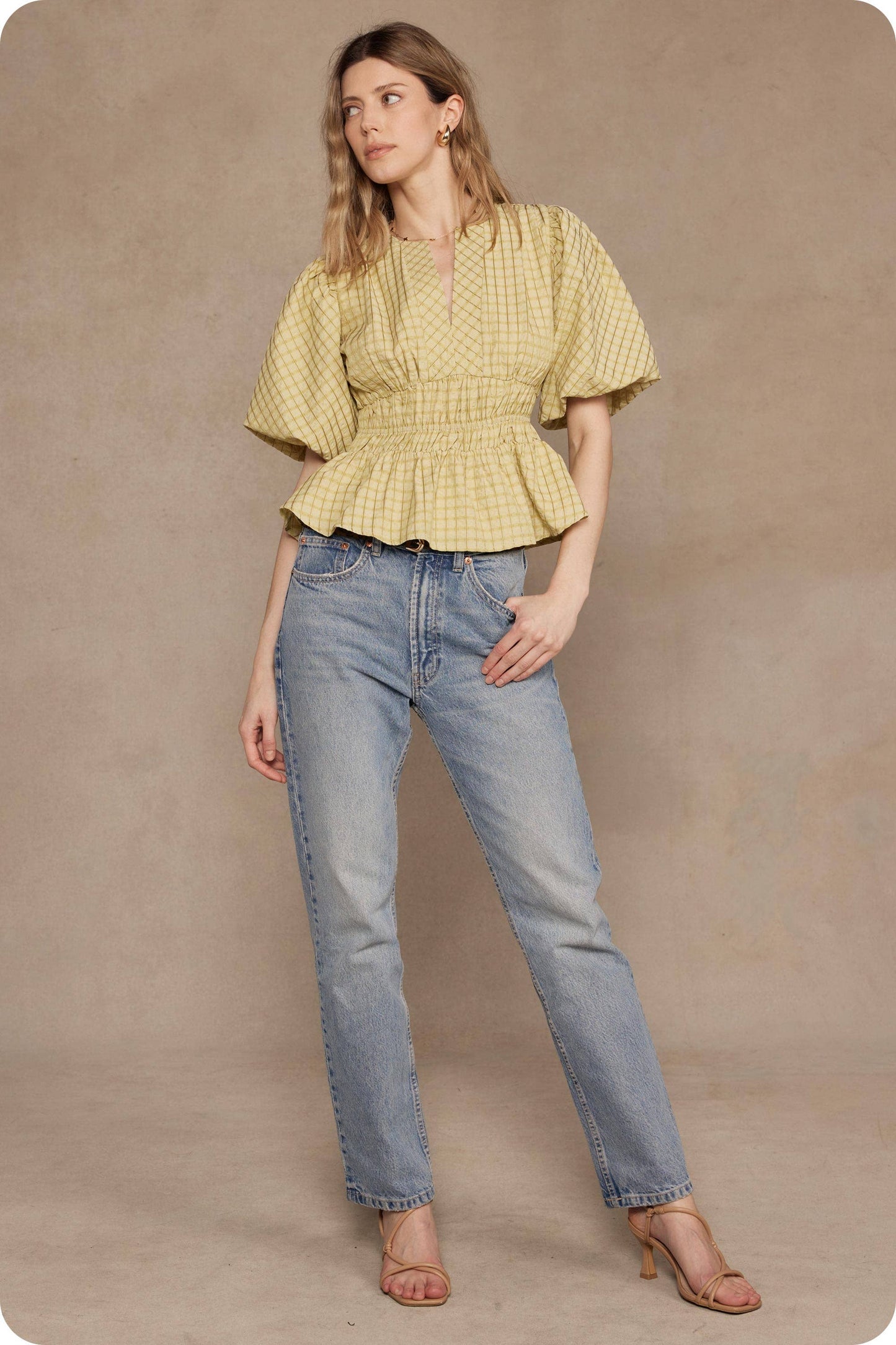 Checkered Puff Sleeve Blouse