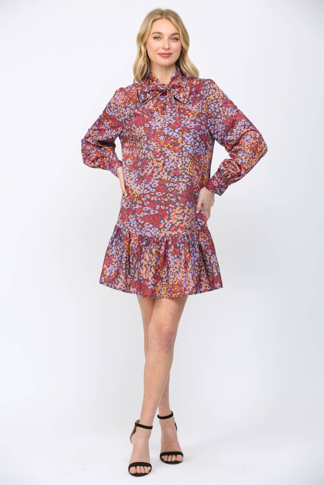 ABSTRACT ANIMAL PRINT TIE NECKLINE RUFFLE HEM DRESS