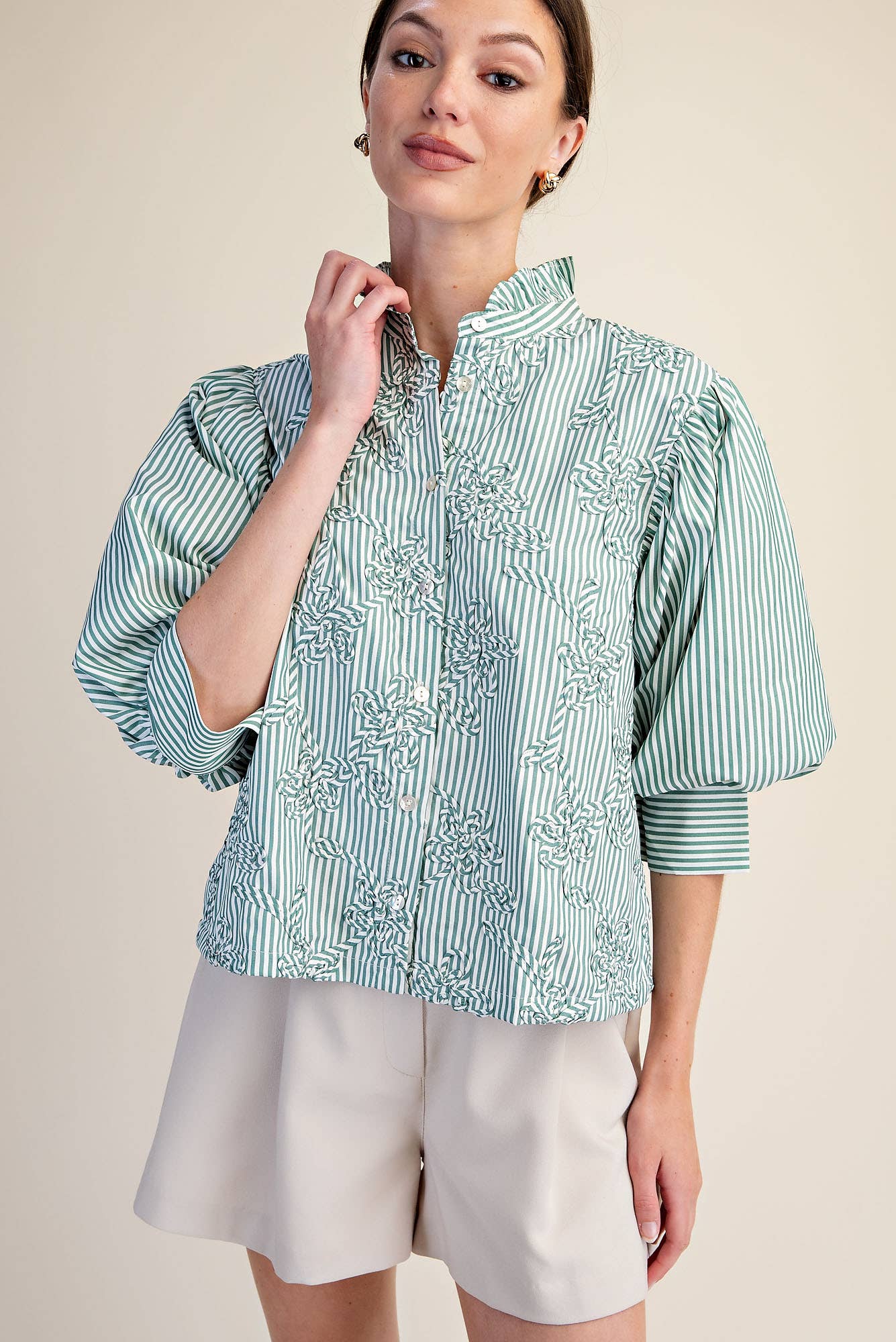 Puff Sleeve Blouse With Ruffle Neck Detail