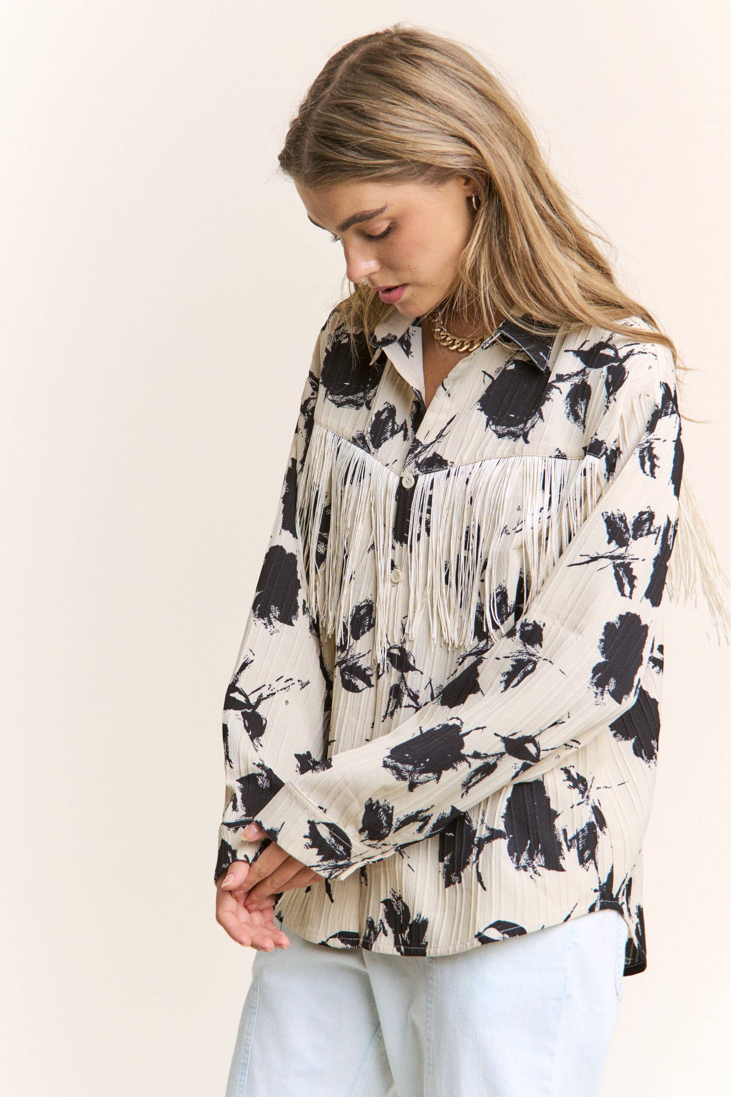Floral Silhouette Fringe Button Up Blouse