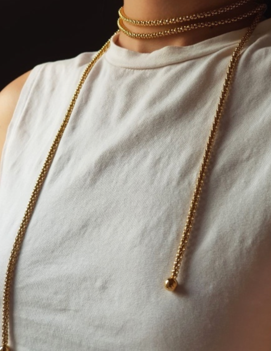 Audrey Lariat Rope Tassel Ball Chain Wrap Steel Necklace