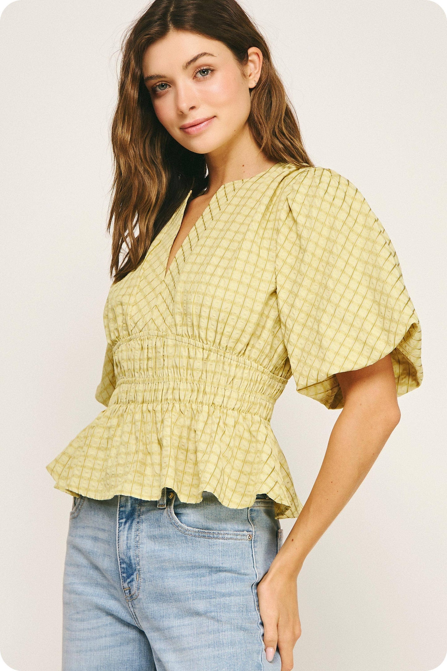 Checkered Puff Sleeve Blouse