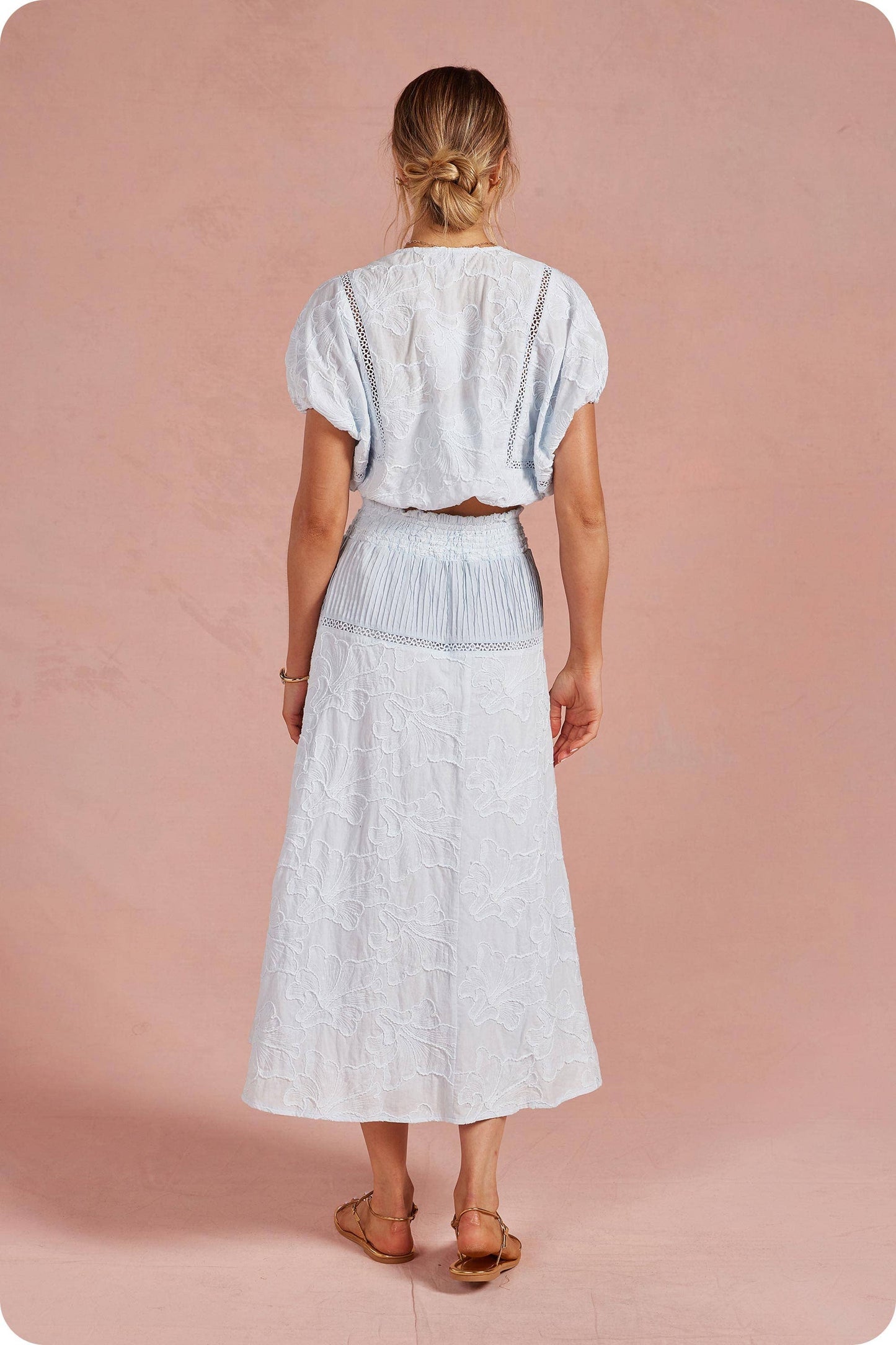 Floral Embroidery Cotton Lace Trim Skirt Top Set