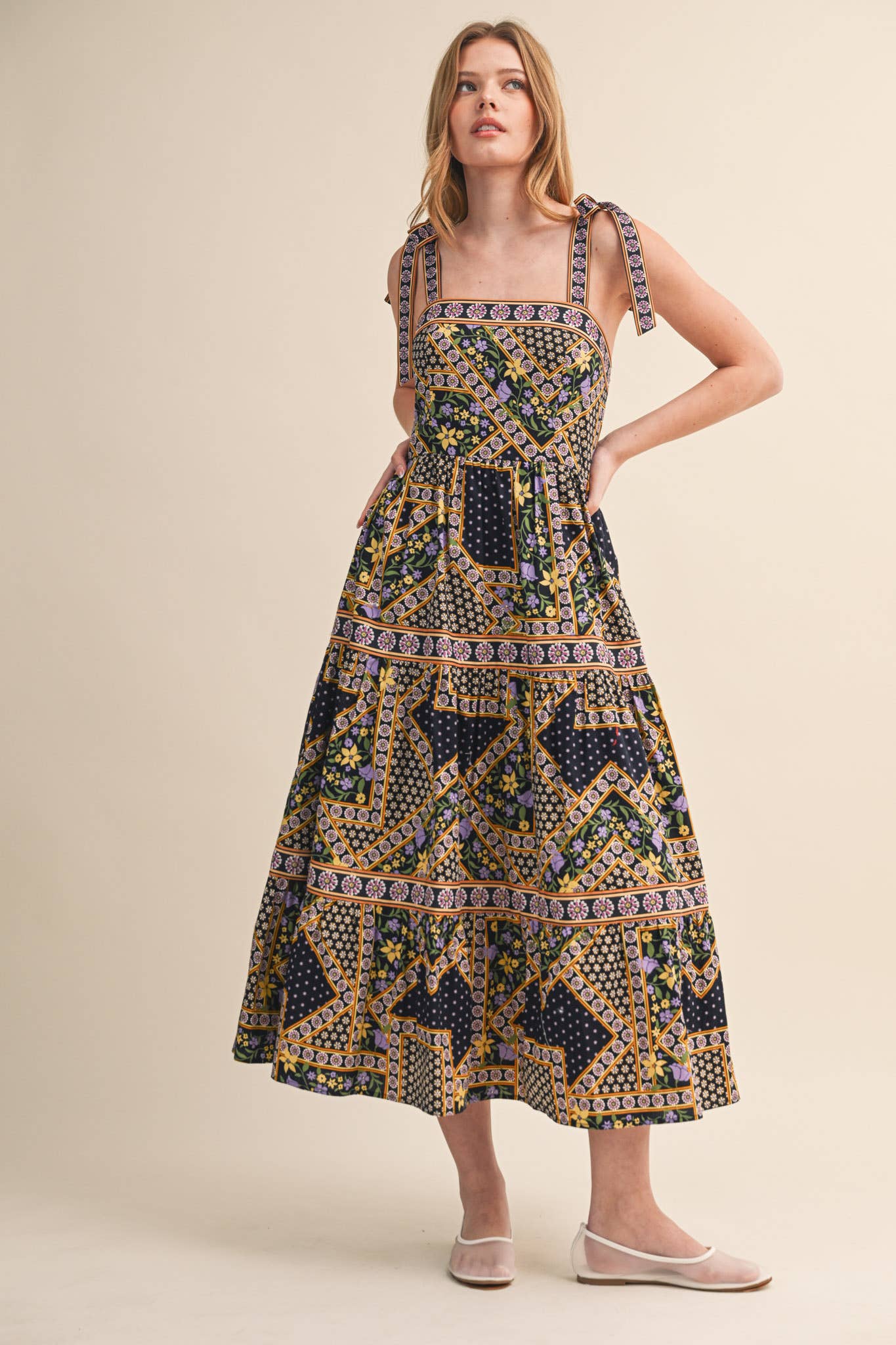PATCHWORK TIE STRAP MIDI DRESS