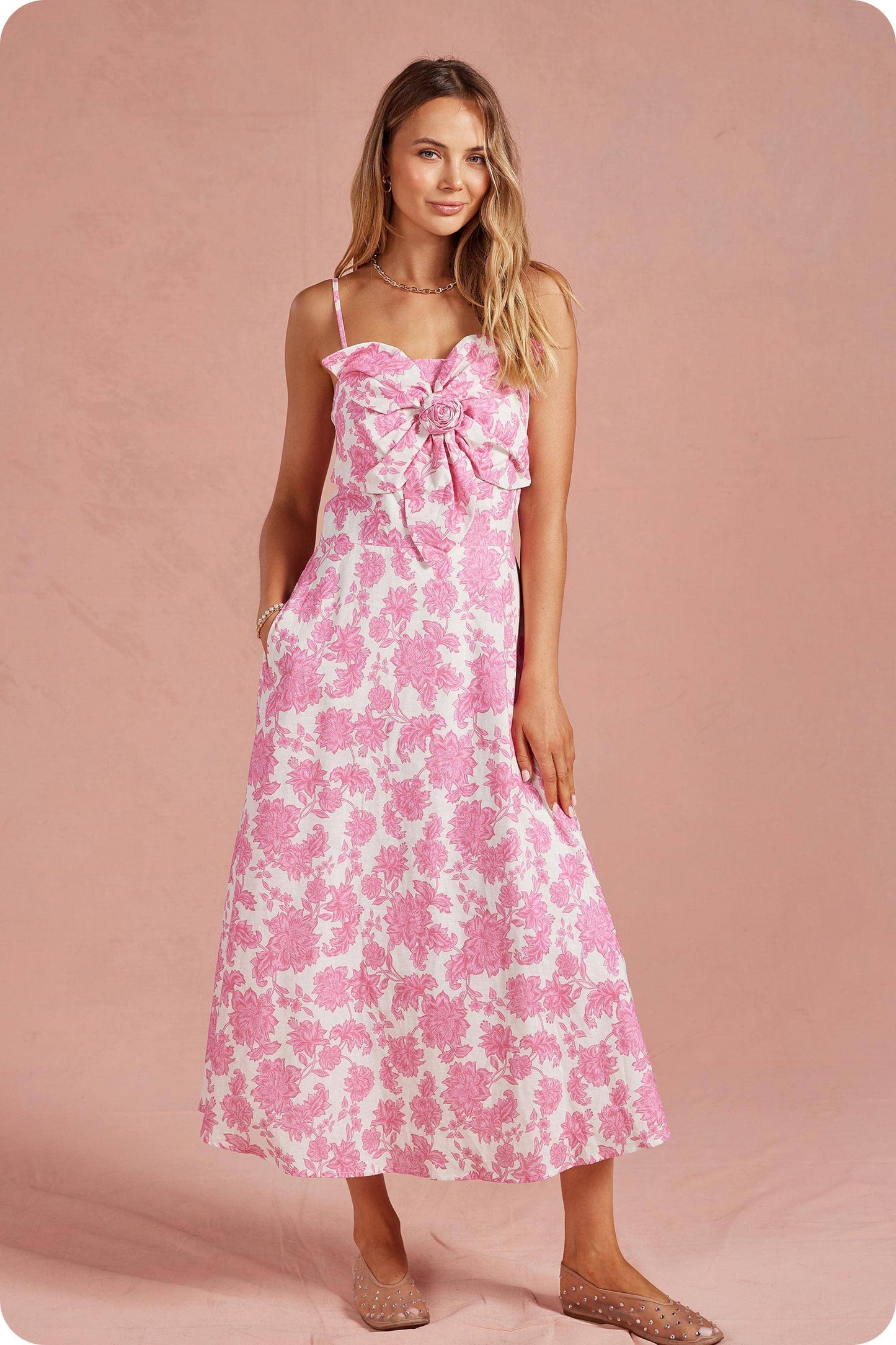 Botanical Garden Bow Flower Sleeveless Midi Dress