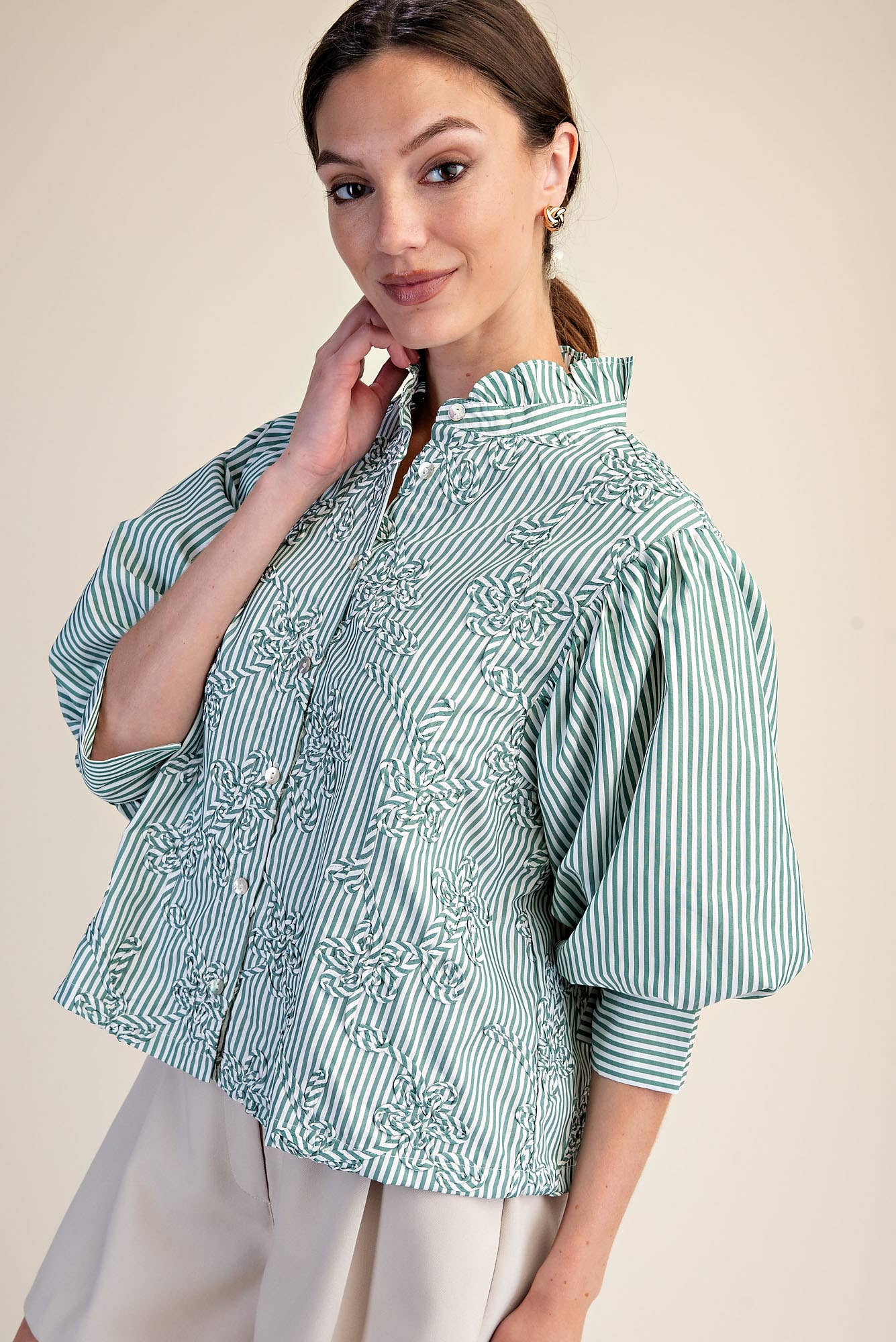 Puff Sleeve Blouse With Ruffle Neck Detail