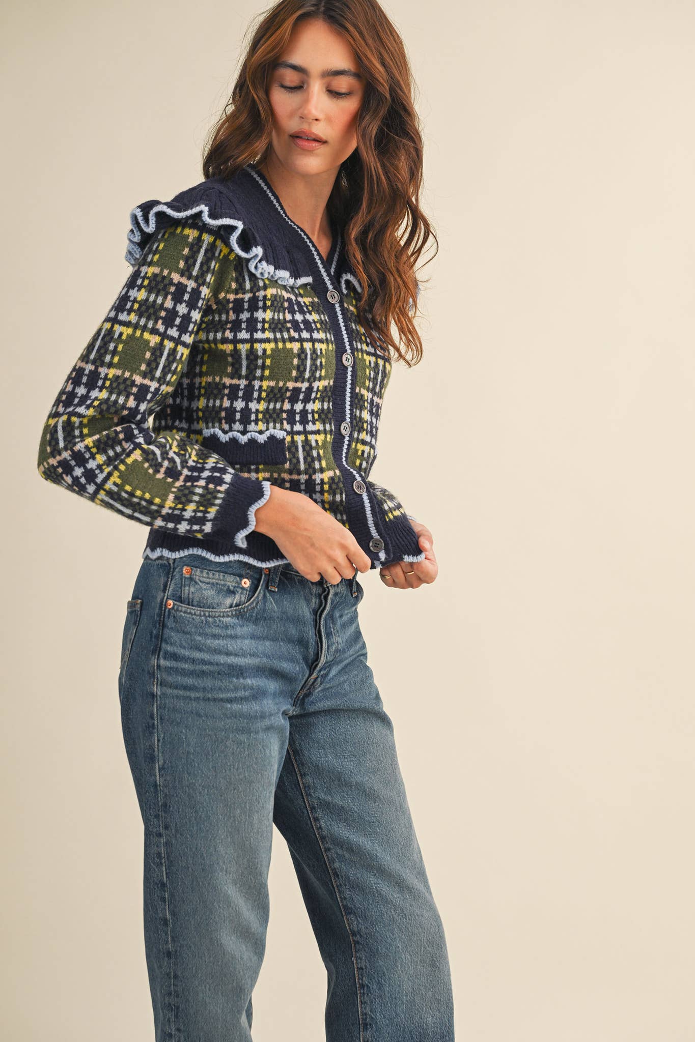 RUFFLED YOKE PLAID SWEATER CARDIGAN- Preorder