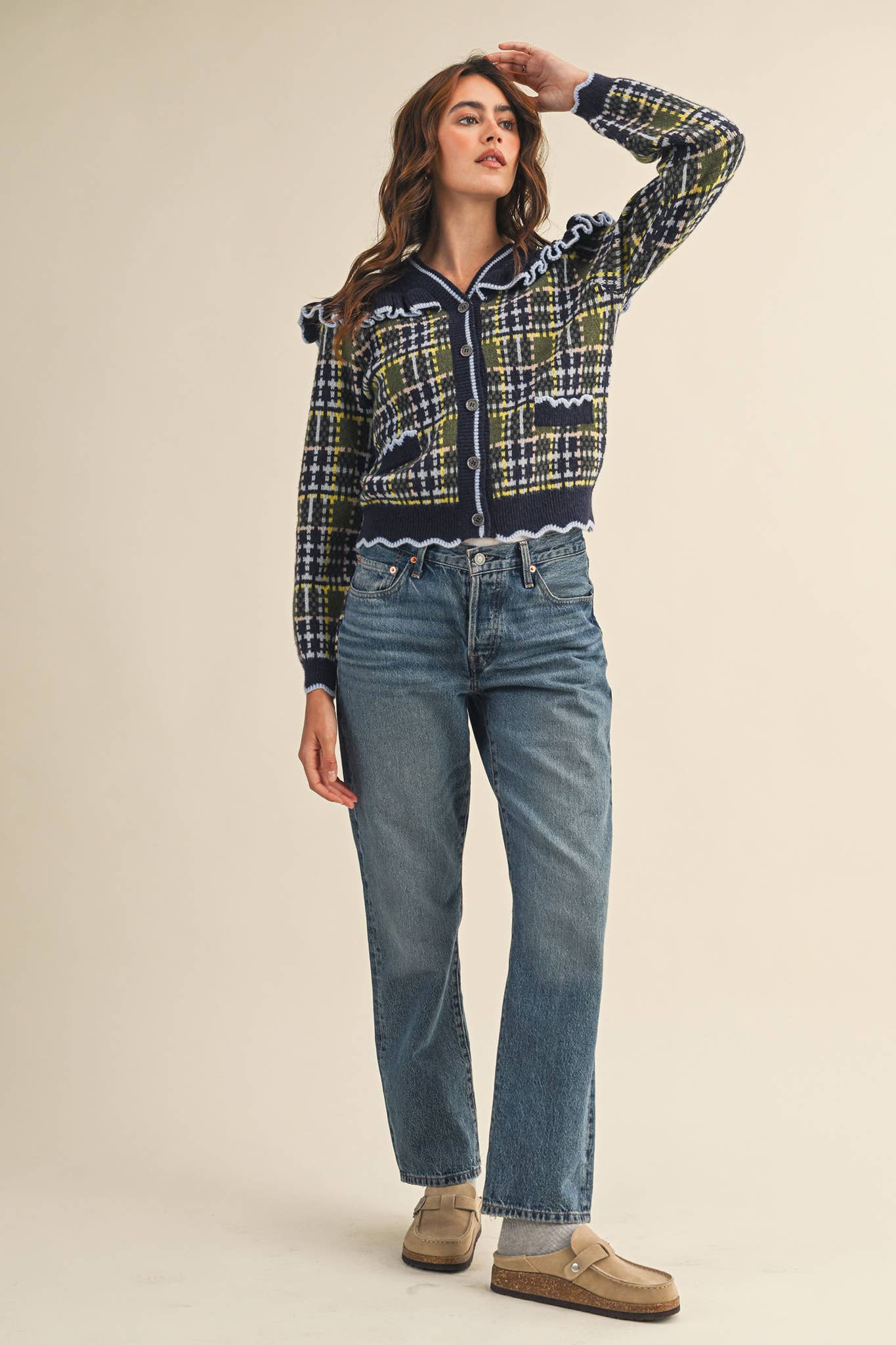 RUFFLED YOKE PLAID SWEATER CARDIGAN- Preorder