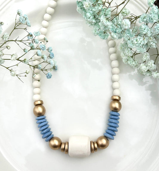 blue/ gold beaded statement necklace
