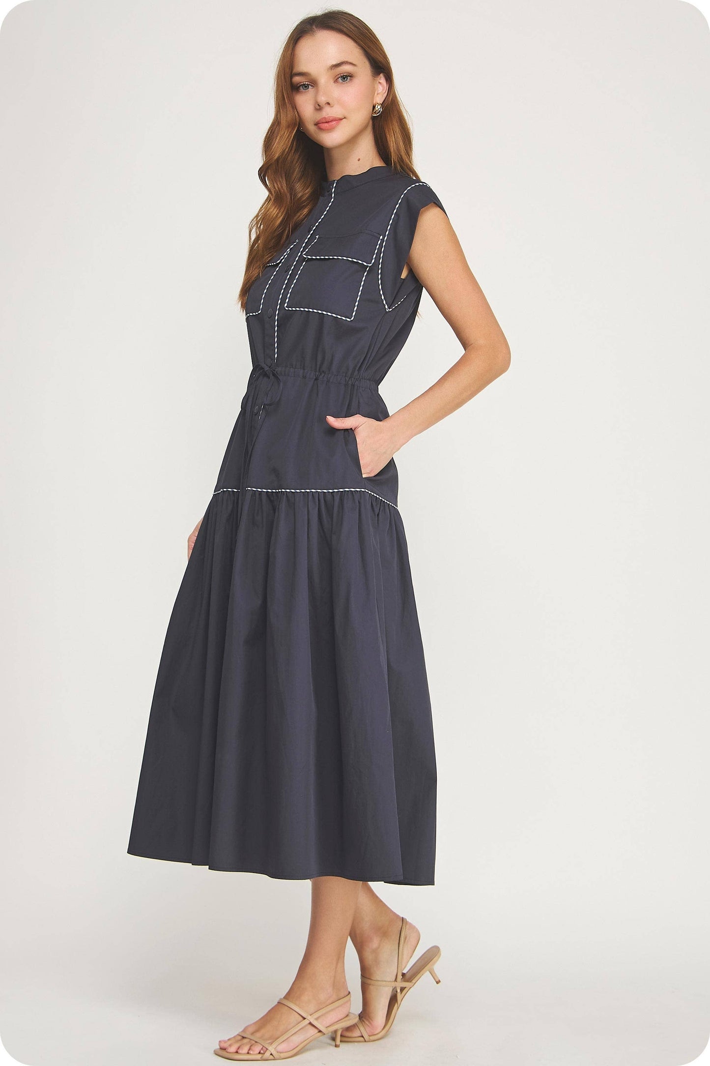 Contrast Piping Utility Midi Shirt Dress
