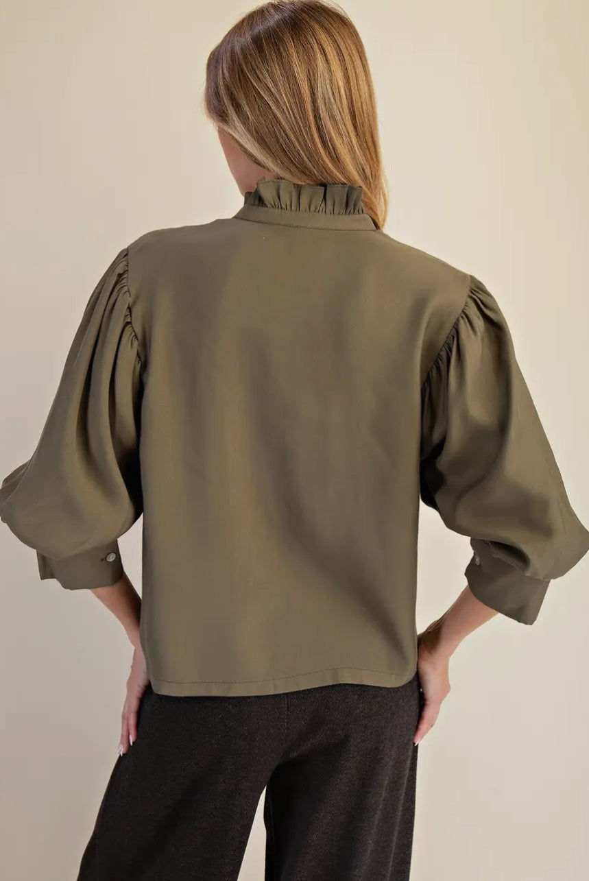 Ruffle Neck Puff Sleeve Blouse