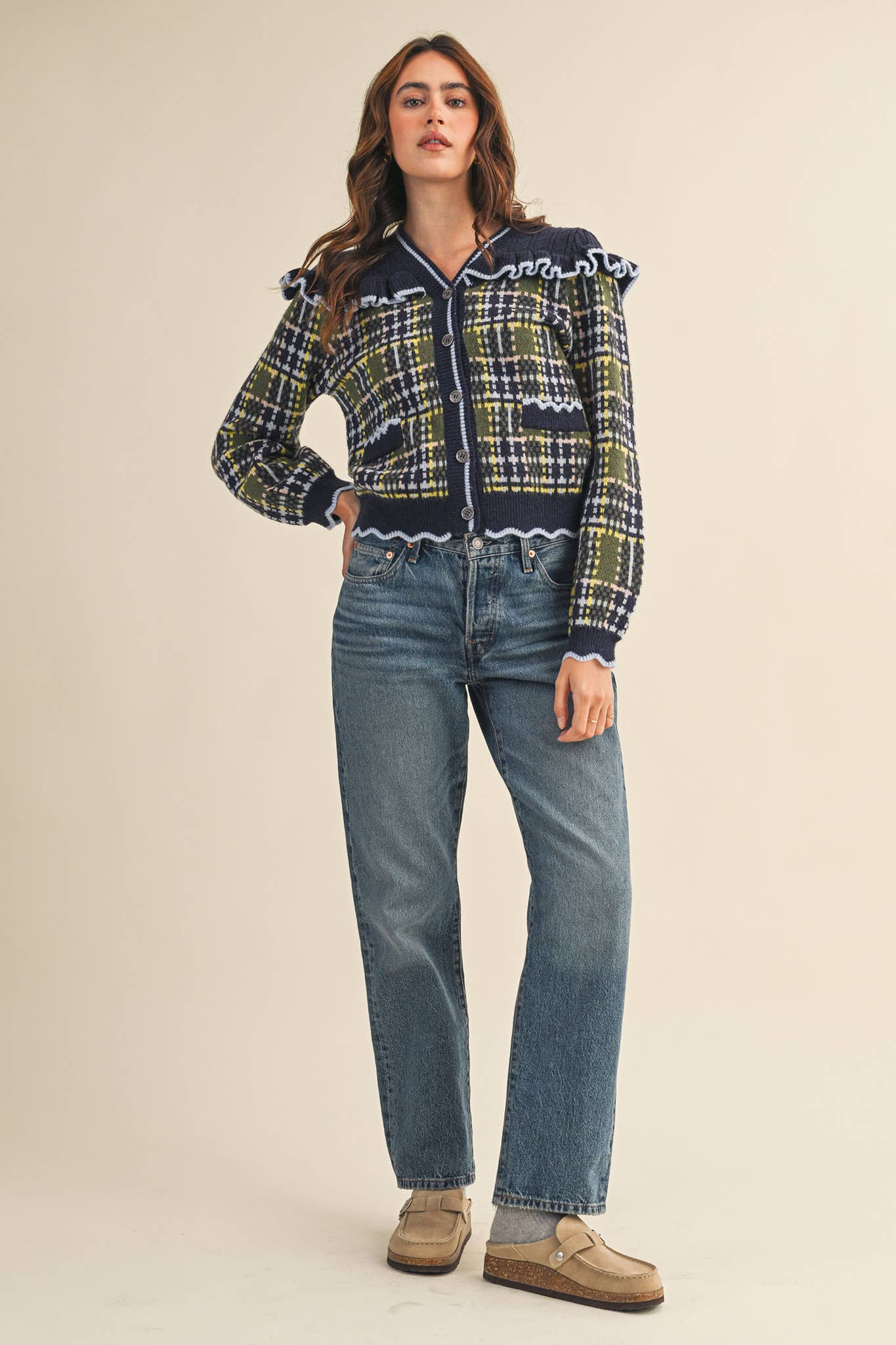 RUFFLED YOKE PLAID SWEATER CARDIGAN- Preorder