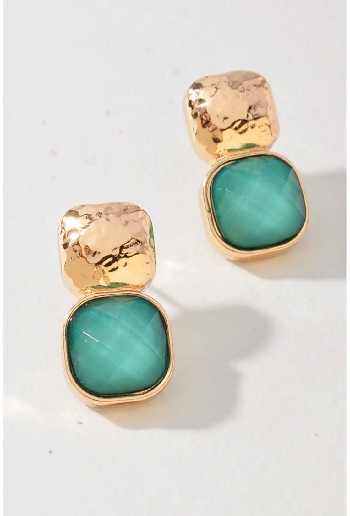 Hammered Metal Square Stone Earring