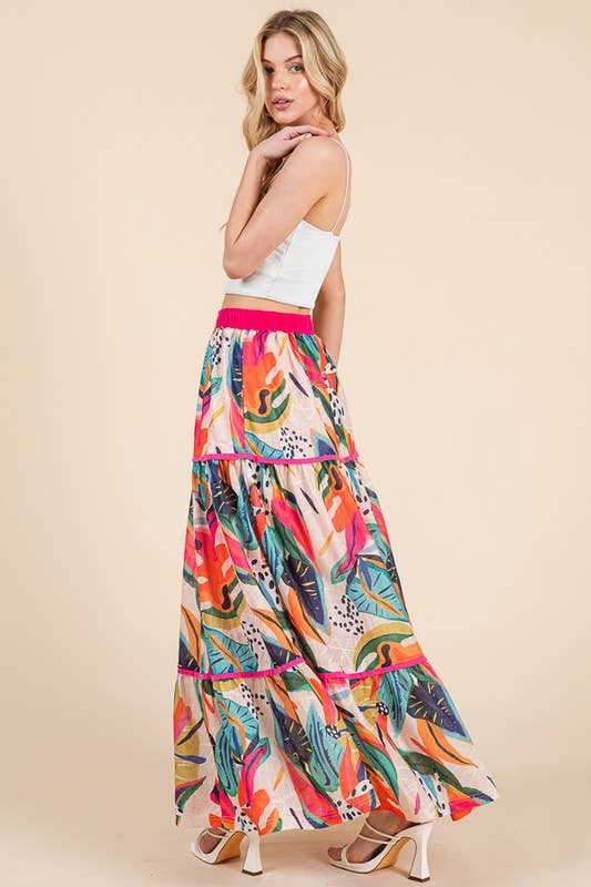 Abstract Print Tiered Maxi Skirt with Contrast Trim
