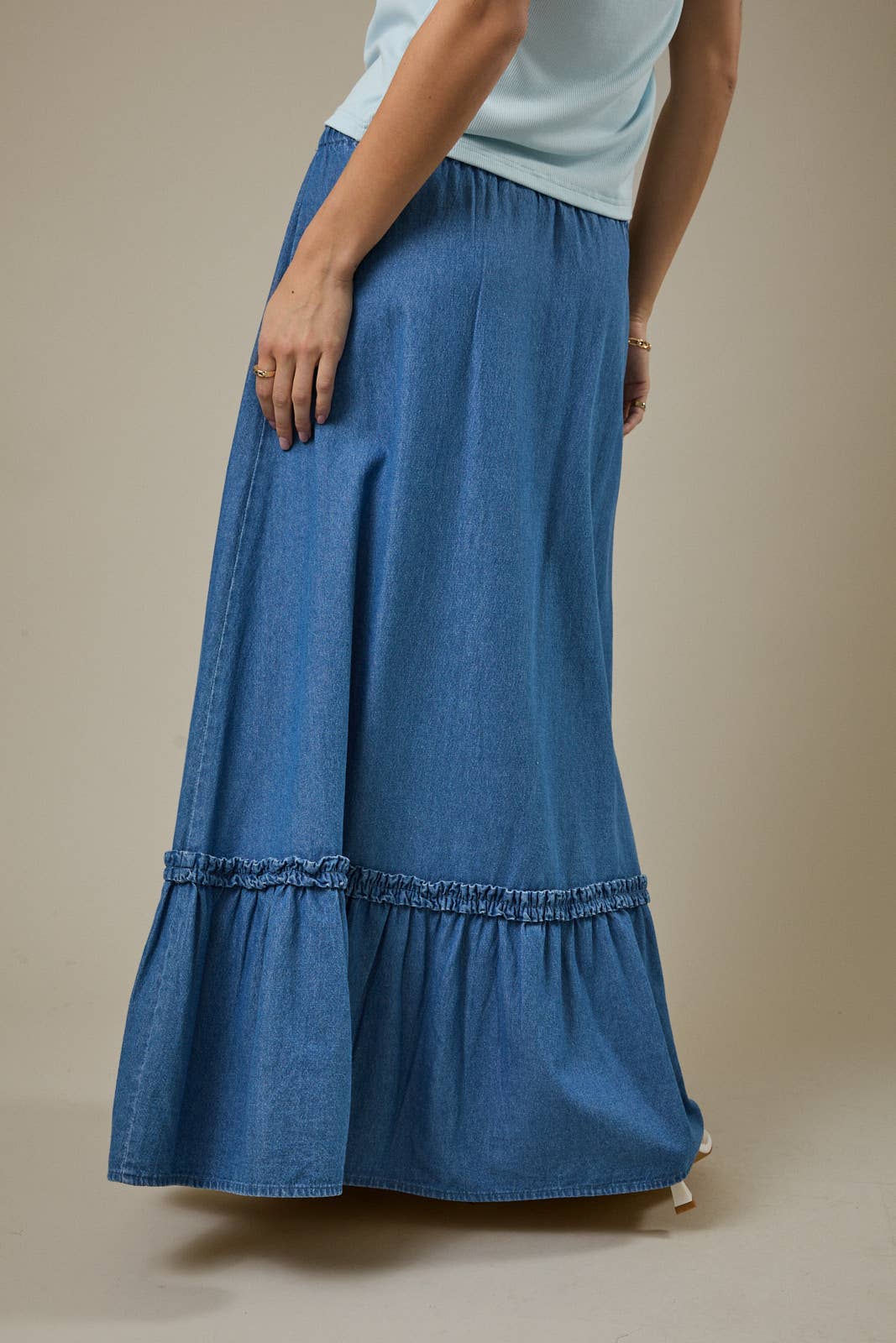 TIERED DENIM MAXI SKIRT