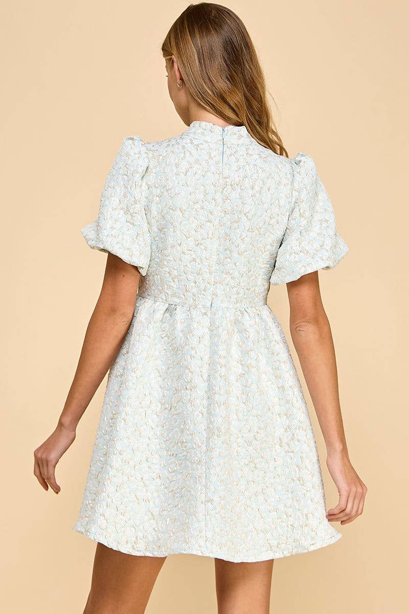 Jacquard Puff Sleeve Pussy Bow Detail Dress