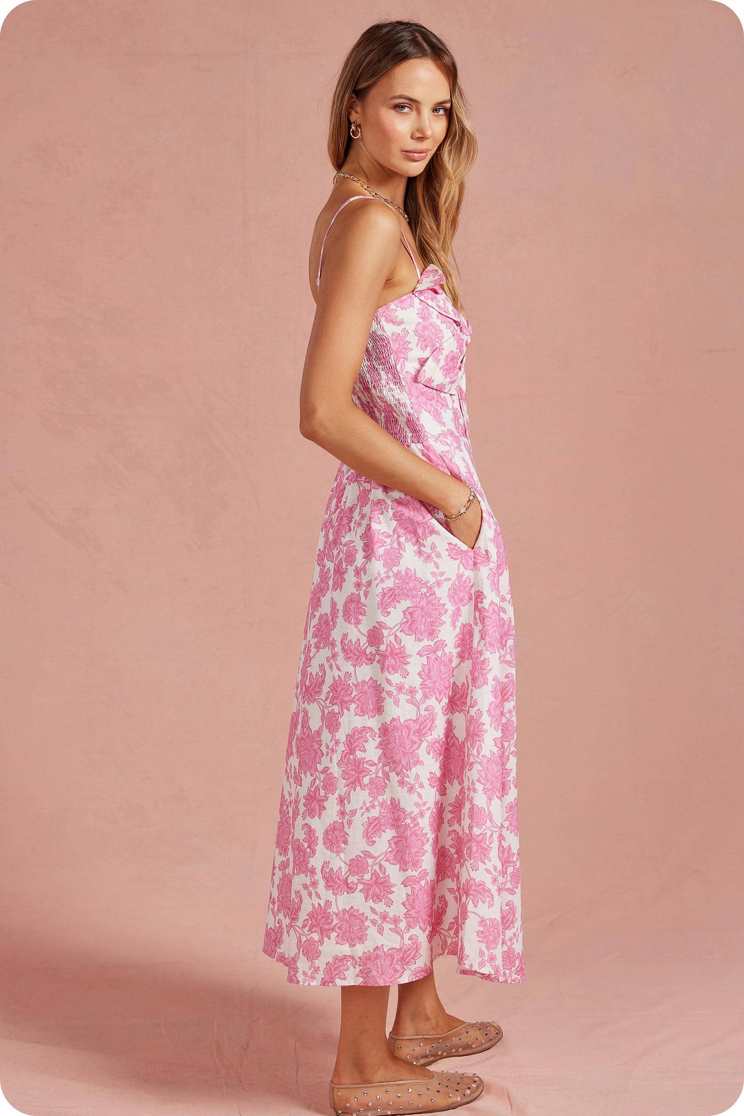 Botanical Garden Bow Flower Sleeveless Midi Dress