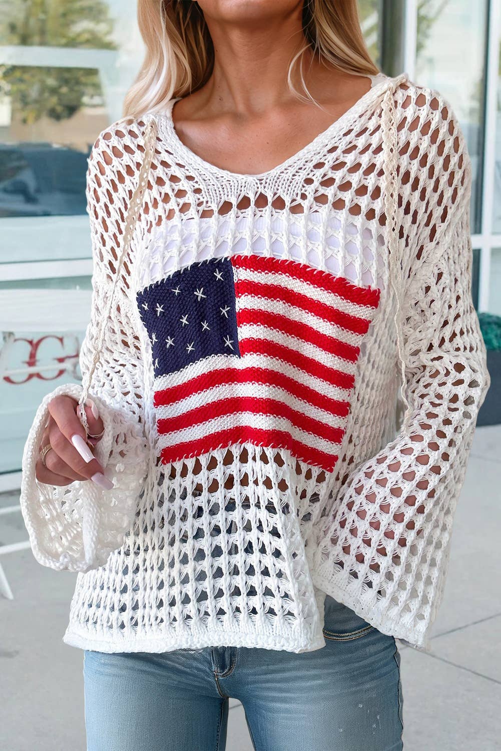 Hollow Out Crochet Knit American Flag Sweater Hoodie
