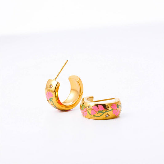 Enamel Floral Rose C Hoop Earrings Gold Stainless_CWAJE5035