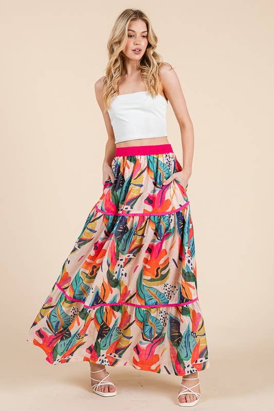 Abstract Print Tiered Maxi Skirt with Contrast Trim